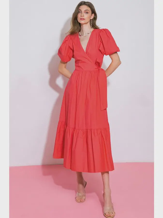 Coral Tiered Poplin Midi Dress
