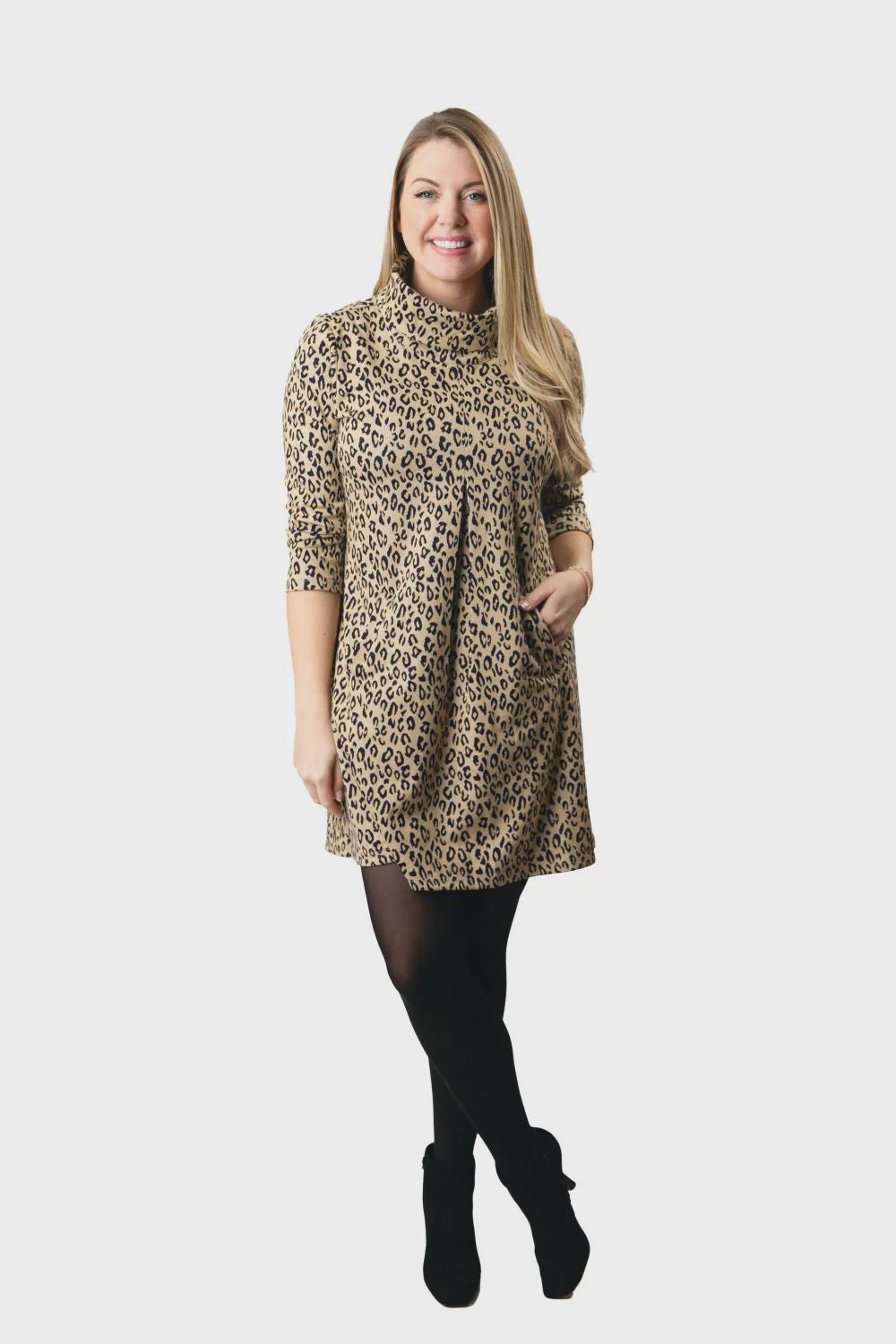 Top it Off The Meghan Dress – 3/4 Sleeve Turtleneck Shift with Front Pleat & Pockets