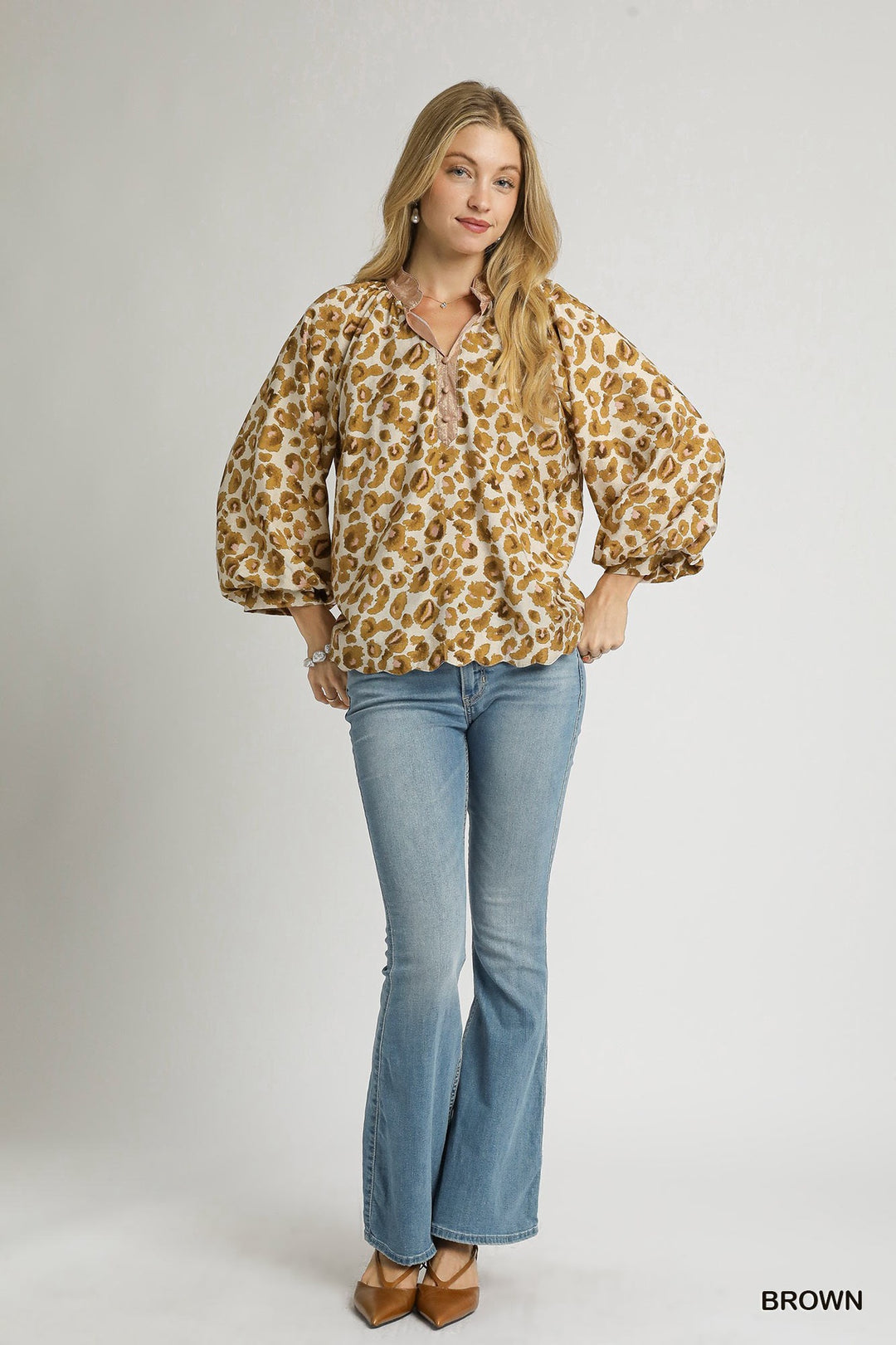 Umgee Leopard Print Boho Blouse- Brown