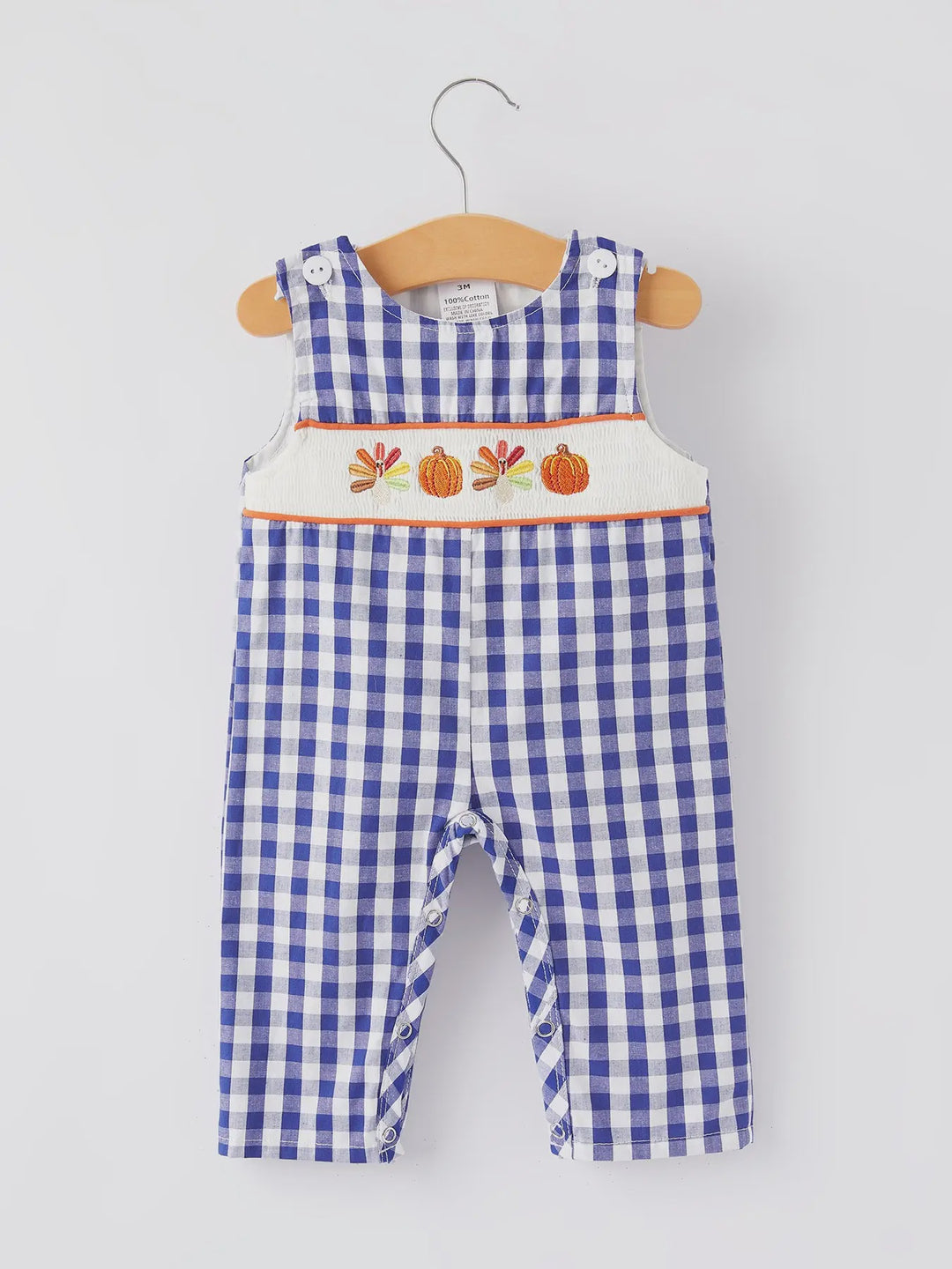 Thanksgiving Smocking Embroidered Bule Plaid Romper