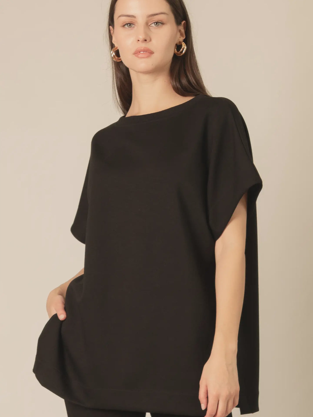 P. CILL Black Butter Modal Contrast Rib Short Sleeve Tunic Top