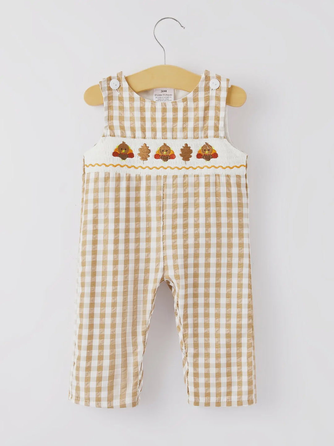 Thanksgiving Smocking Embroidered Brown Plaid Romper