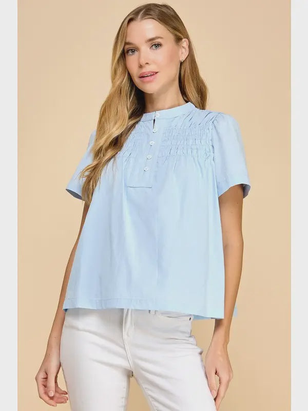 TCEC Front and Back Smocked Detail Half Button Blouse- Baby Blue