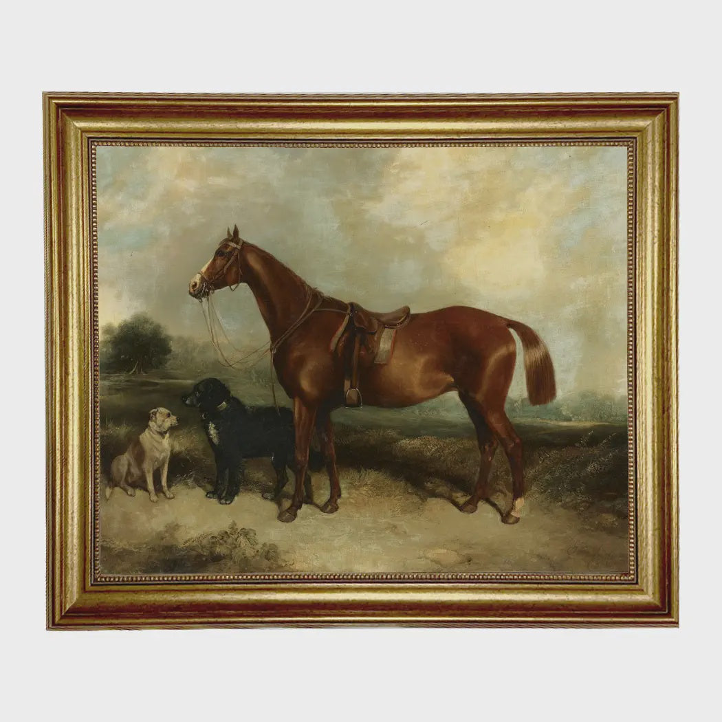 Madison Bay Co. Chestnut Horse with Two Dogs Oil Painting Print On Canvas 8x10