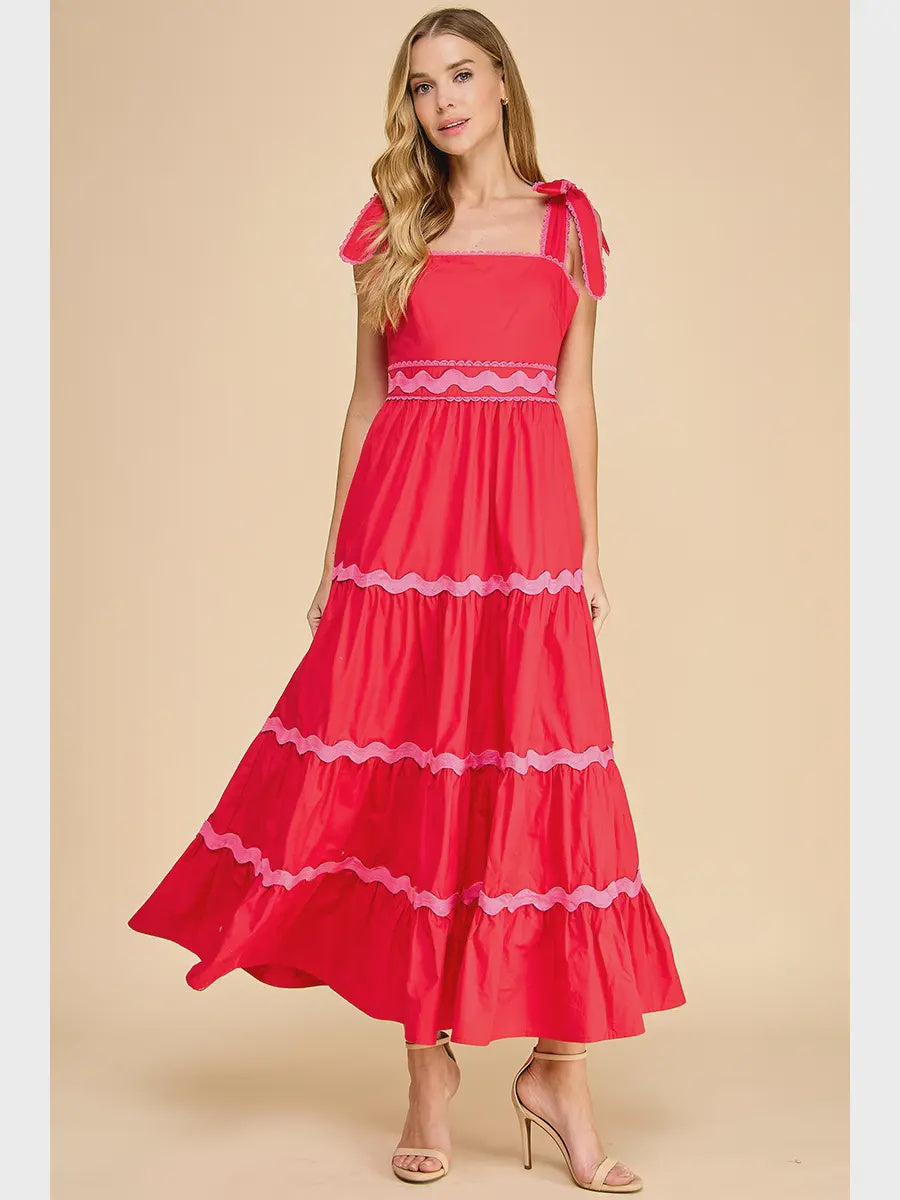 Red Ricrac Detail Back Hidden Zipper Tank Midi Dress