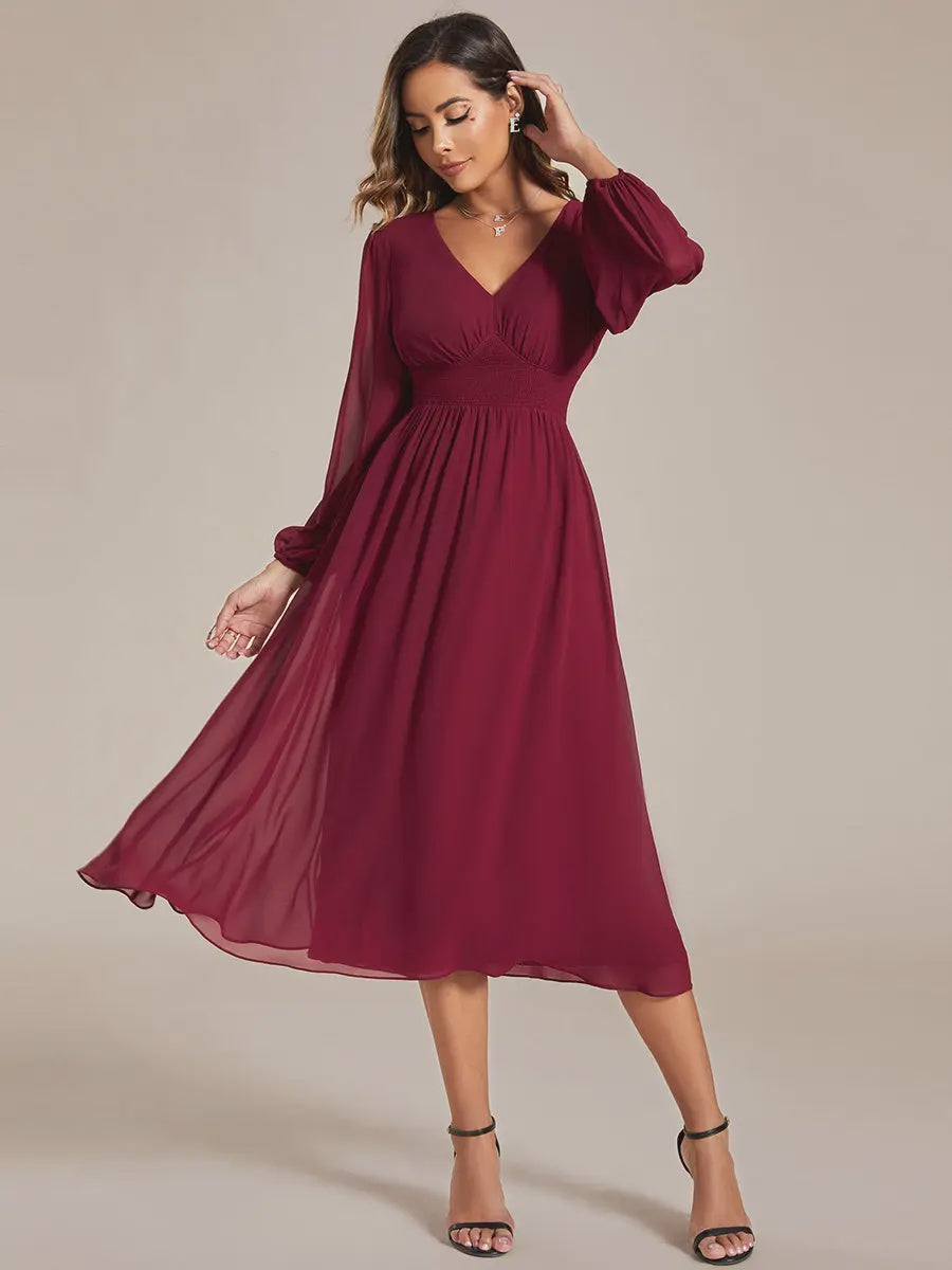 Burgundy Knee Length Long Sleeves Chiffon Wedding Guest Dress – Rebecca's  of Clinton
