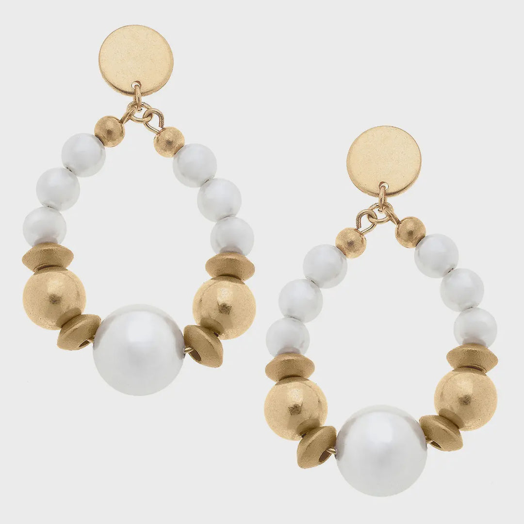 Canvas Moira Pearl, Wood & Gold Bead Teardrop Earrings in Ivory