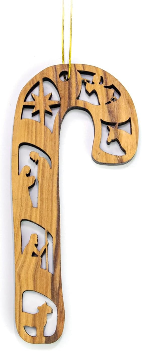 Holy Land Olive Wood Christmas Ornaments-Candy Cane: Shepherd & Angels-