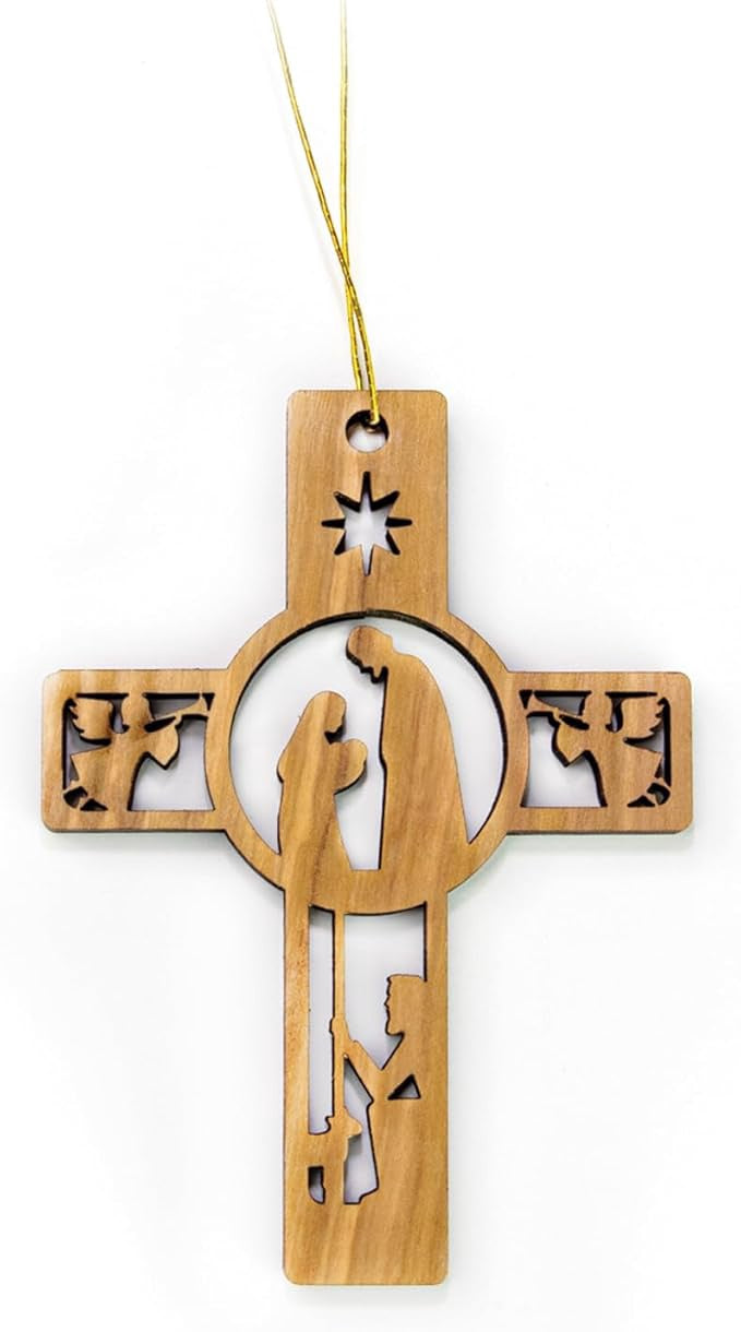 Holy Land Olive Wood Christmas Ornaments-Cross: Shepherd & Angels-