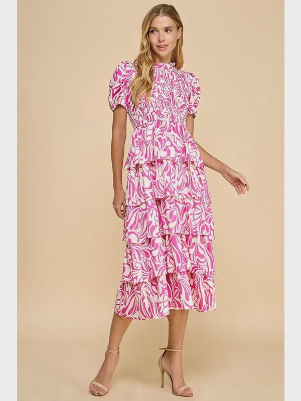 TCEC Abstract Print Smocked Detail Midi Dress- Pink