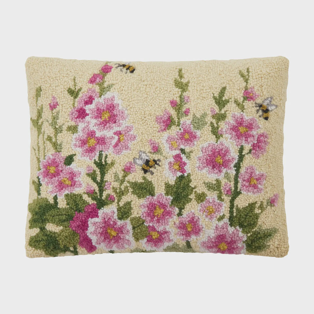 Pink Hollyhocks & Bees Hook Pillow