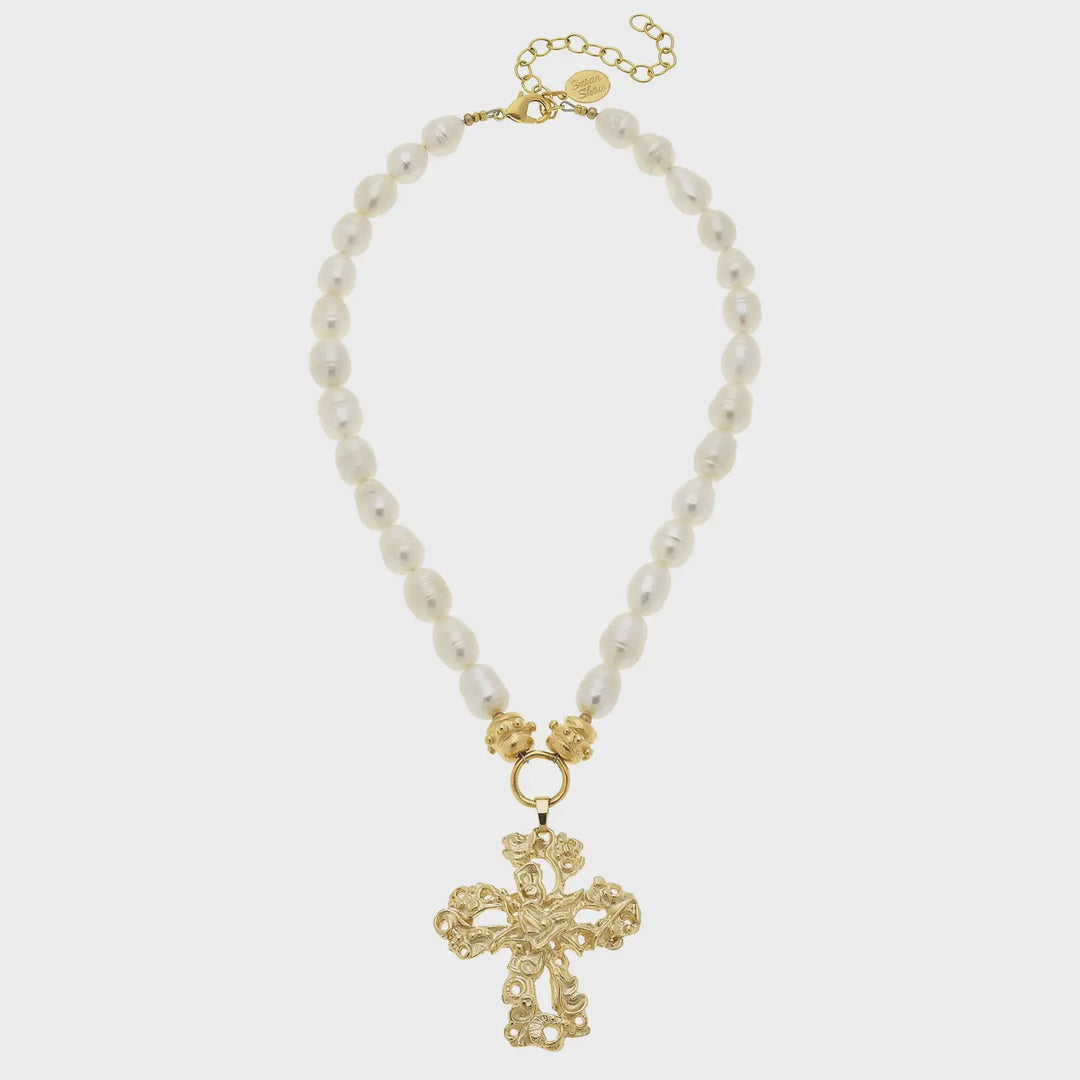 Susan Shaw Gold Cross On Genuine Freshwater Pearl Necklace