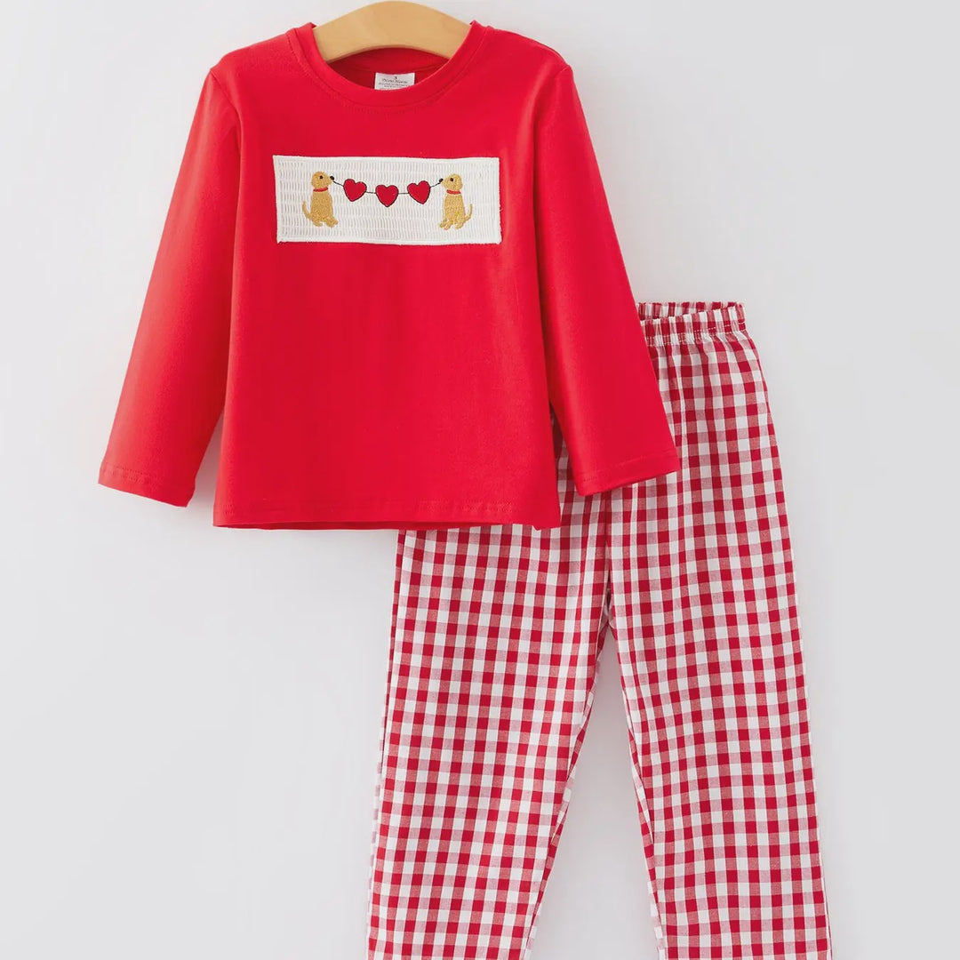 Valentine's Day Dog Heart Smocking Embroidered Boys Outfits Set