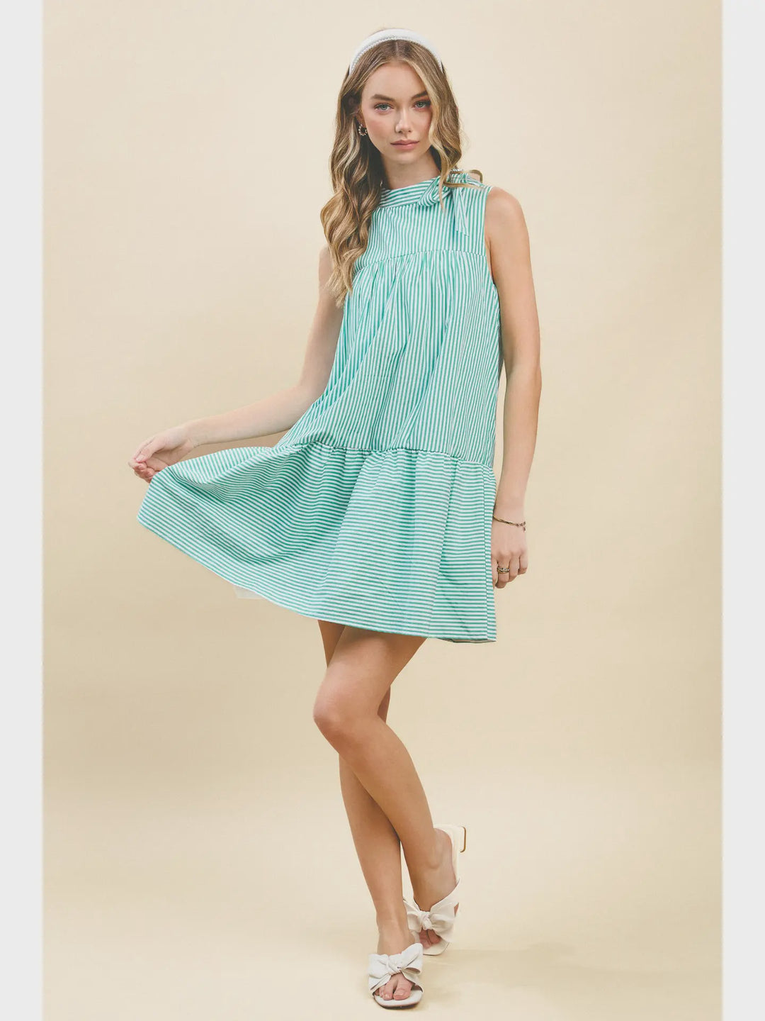 TCEC Pinstriped Mock Neckline Bow Detail Dress- Green