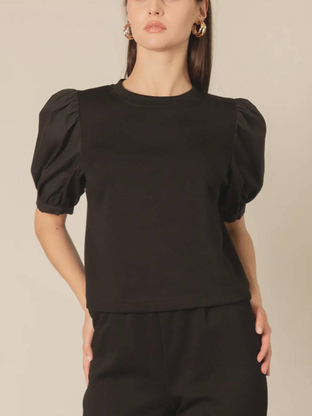 P. Cill Black Butter Modal Round Neck Poplin Sleeve Top