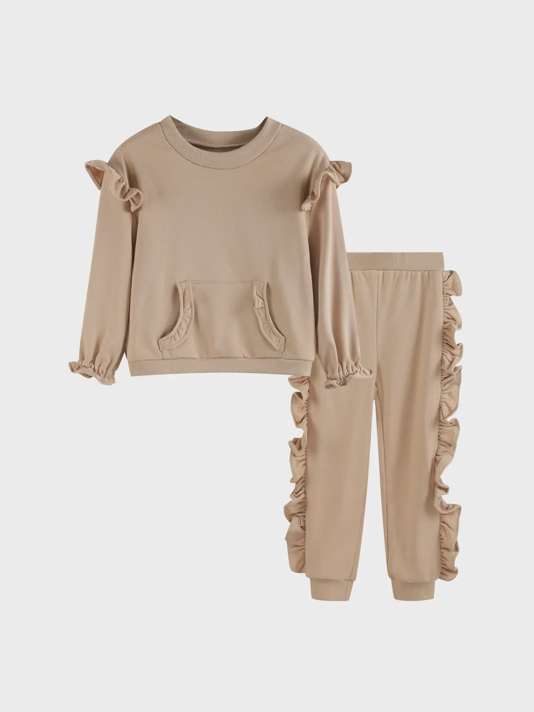 Light Brown Ruffle Sweatshirt with Jogger Pant Set
