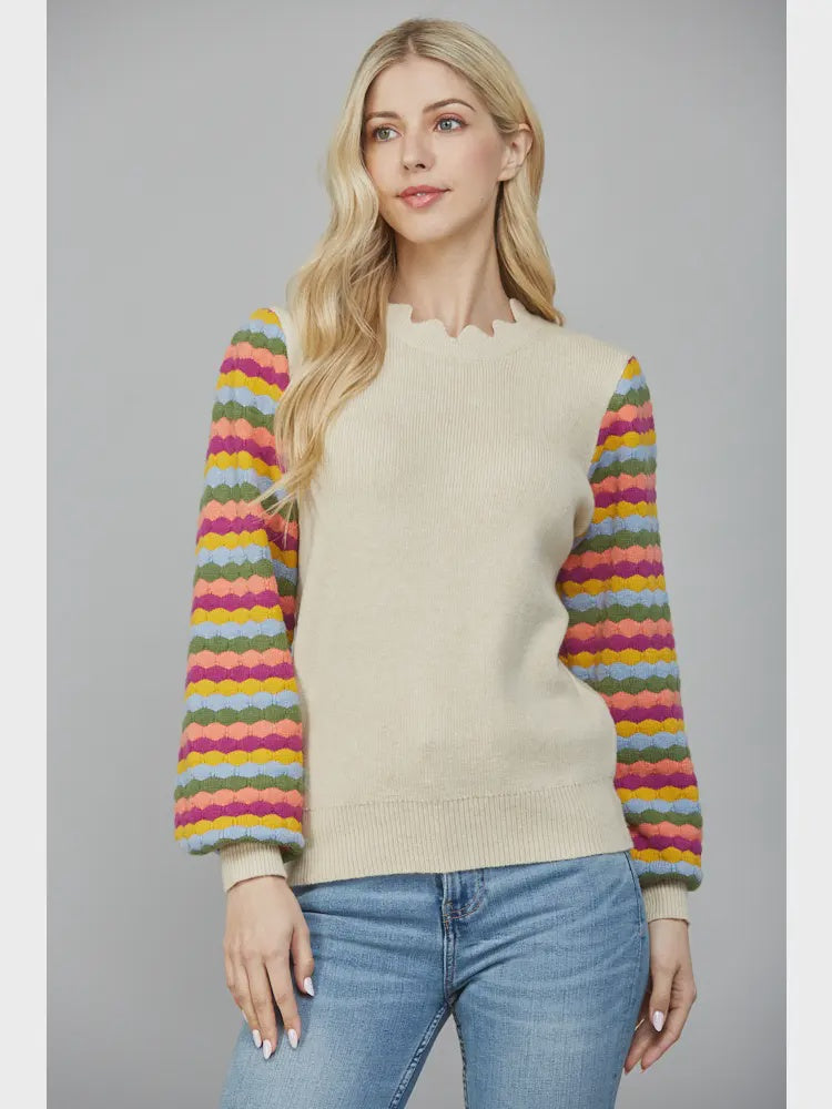 Fate Contrast Stripe Sleeve Scallop Edge Neck Line Sweater
