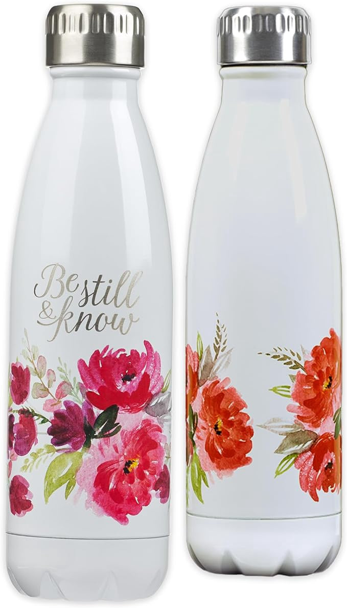 Christian Arts Be Still & Know White Floral Stainless Steel Water Bottle - Psalm 46:10