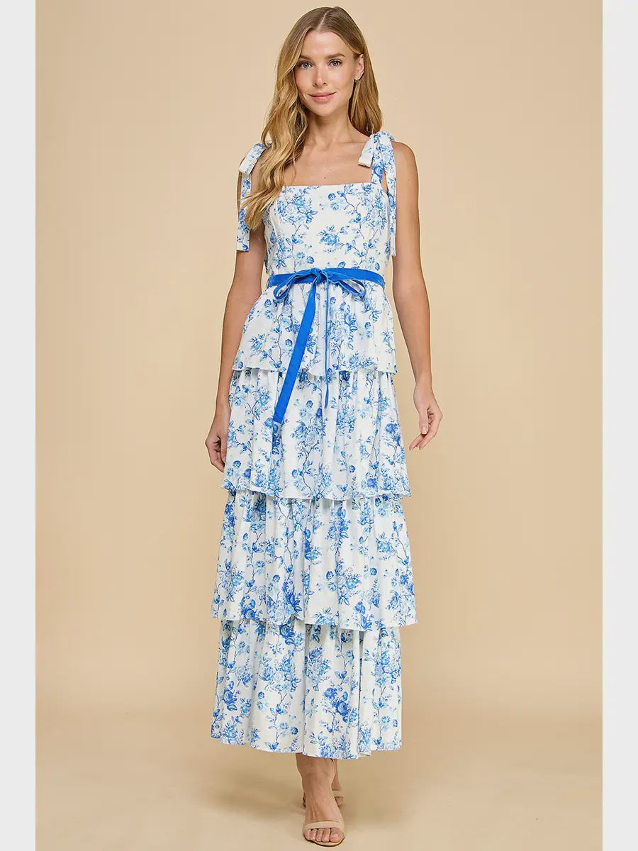 TCEC Floral Print Tiered Adjustable Straps Midi Dress- Blue