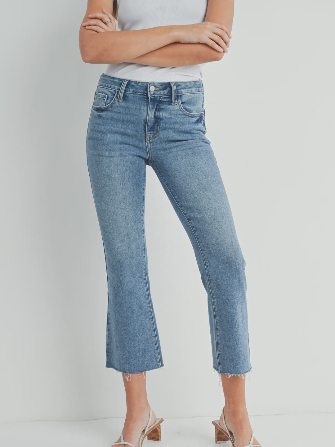 Medium Denim Stretchy Cropped Flare Jeans