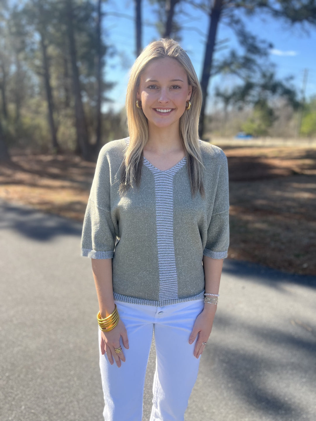 Marble Green and White Short Sleeve V-Neck Top
