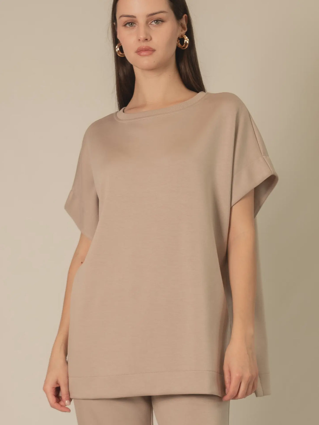 P. Cill Taupe Butter Modal Contrast Rib Short Sleeve Tunic Top