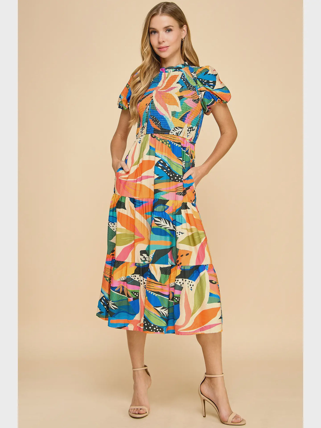 TCEC Tropical Print Smocked Bodice Bubble Sleeves Dress- Multi