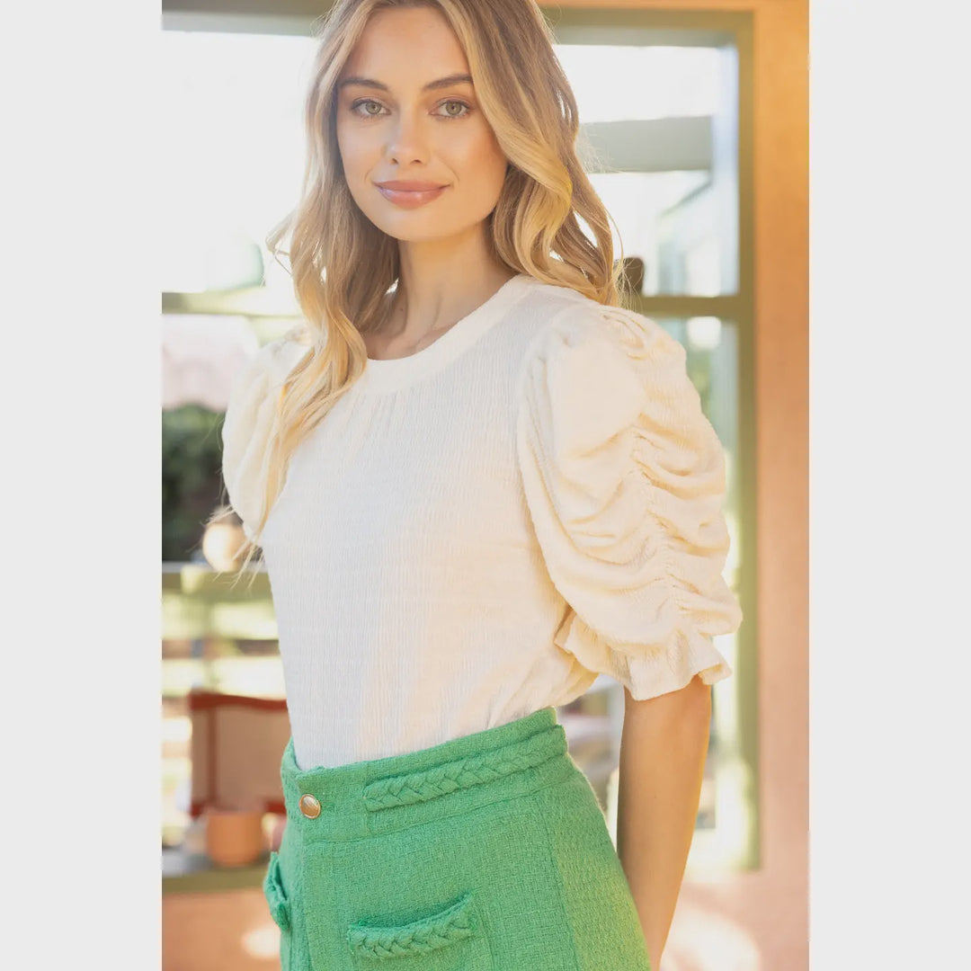 VOY Shirred Puff Sleeve Textured Knit Top
