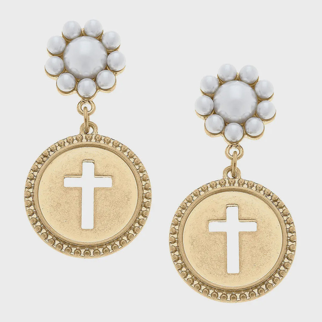 Canvas Candace Coin Cross Pearl Drop Earrings in Worn Gold