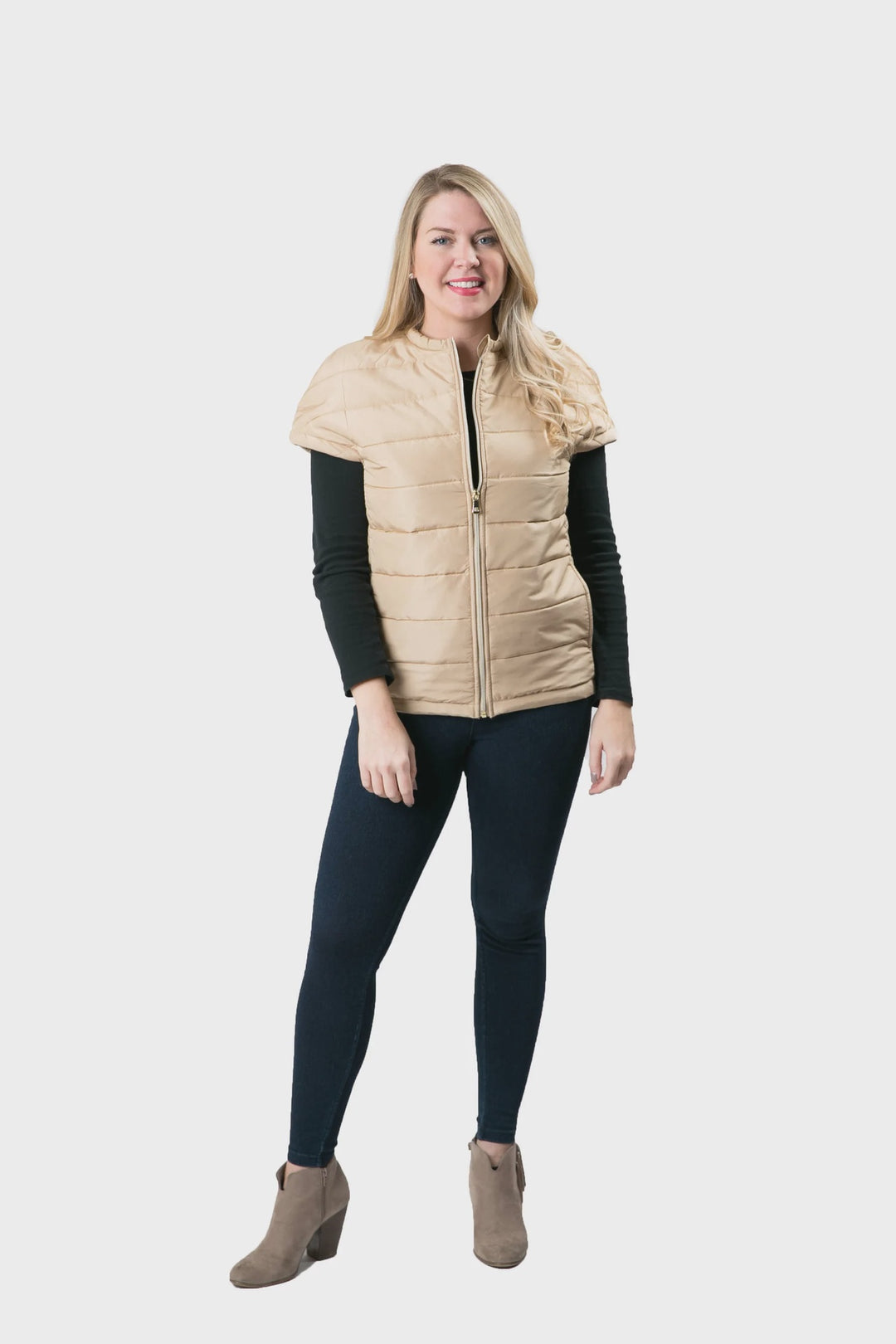 Top It Off Penelope Puffer Vest with Cap Sleeves- Camel