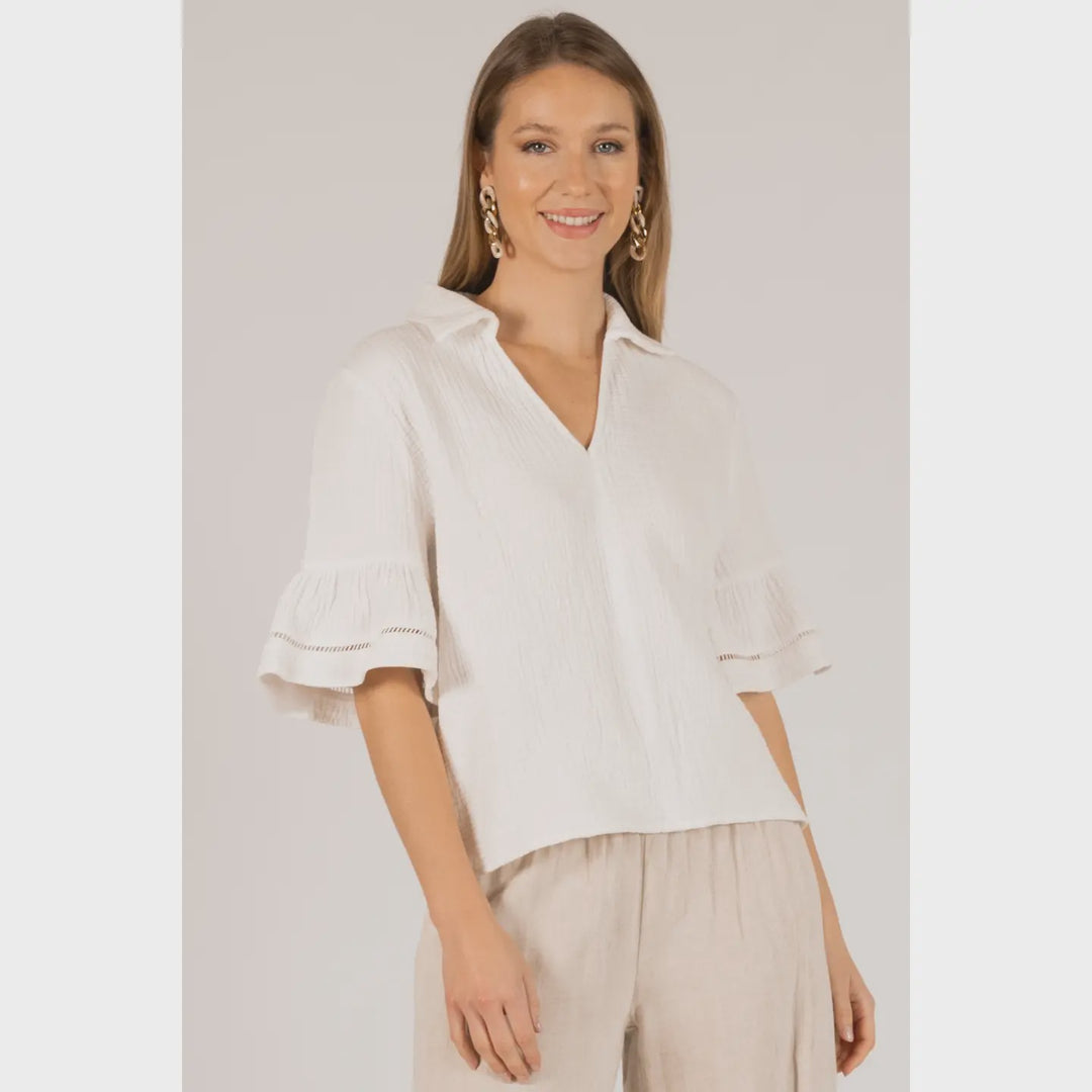 P. Cill Off White 3-Ply Gauze Collared V-Neck Eyelet Detail Top
