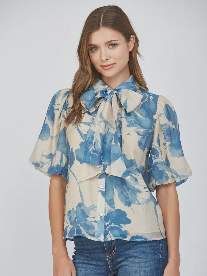 Fate Cream Blue Removable Neck Tie Lantern Slv Blouse