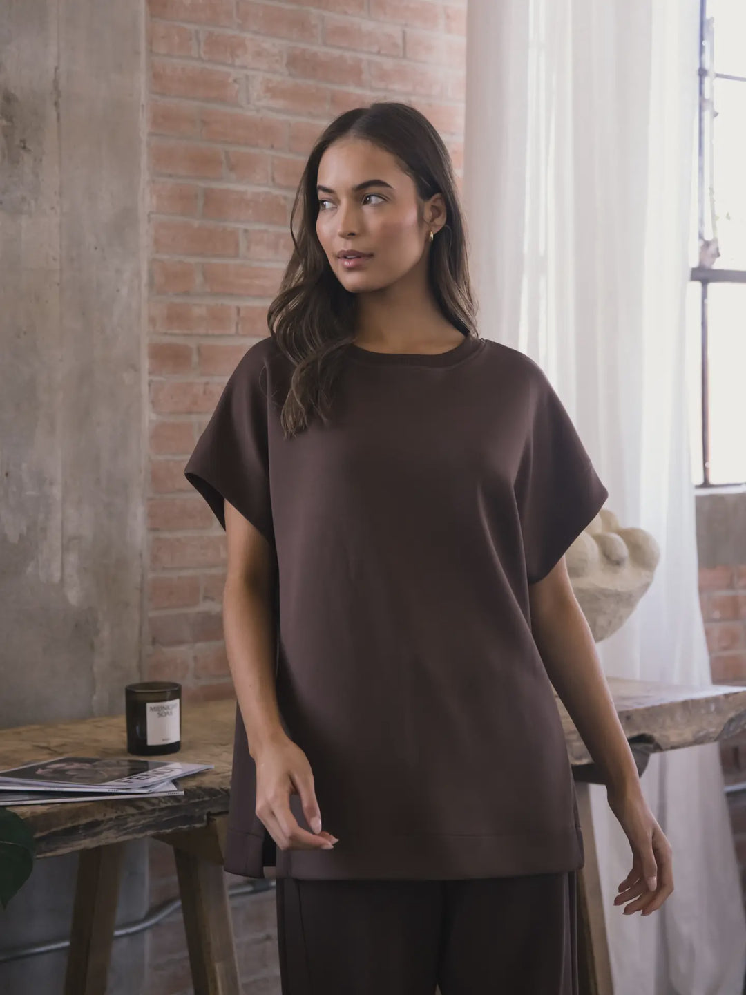 P. CILL Cocoa Butter Modal Contrast Rib Short Sleeve Tunic Top