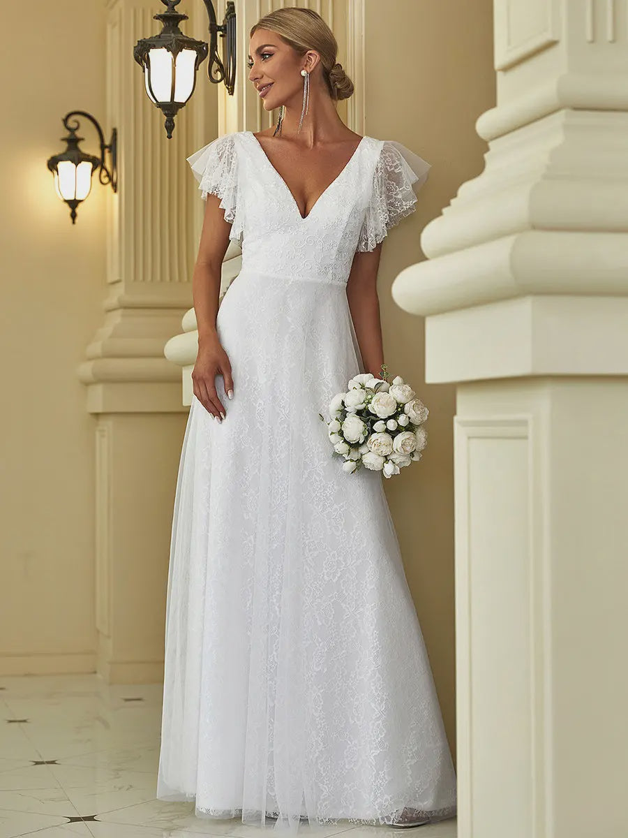 White V-Neck Floor Length Mesh Dress