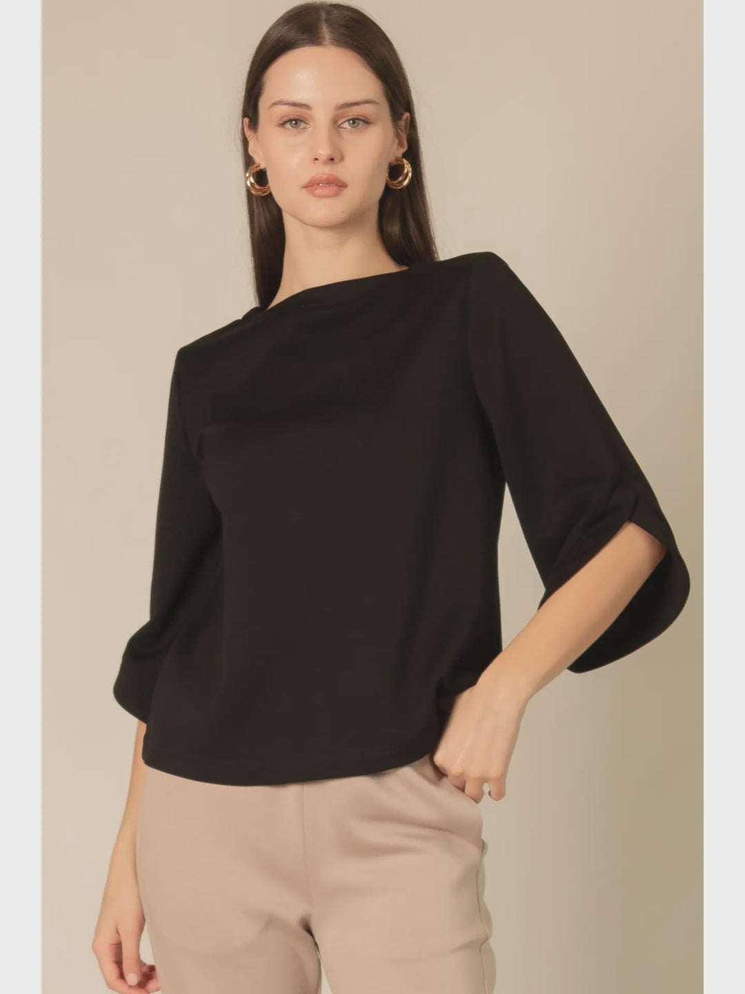 P. Cill Black Butter Modal Flare 3/4 Sleeve Round Neck Top