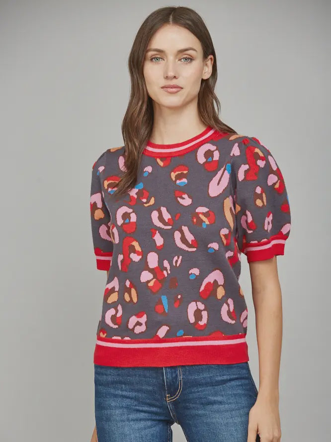 Fate Multi Color Leopard Print Short Sleeve Sweater