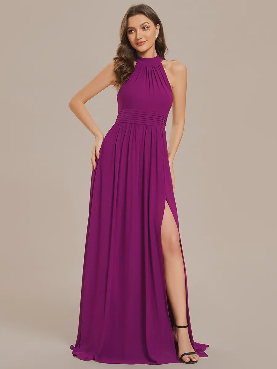 Fuchsia Chiffon Halter Neckline Sleeveless Evening Dress