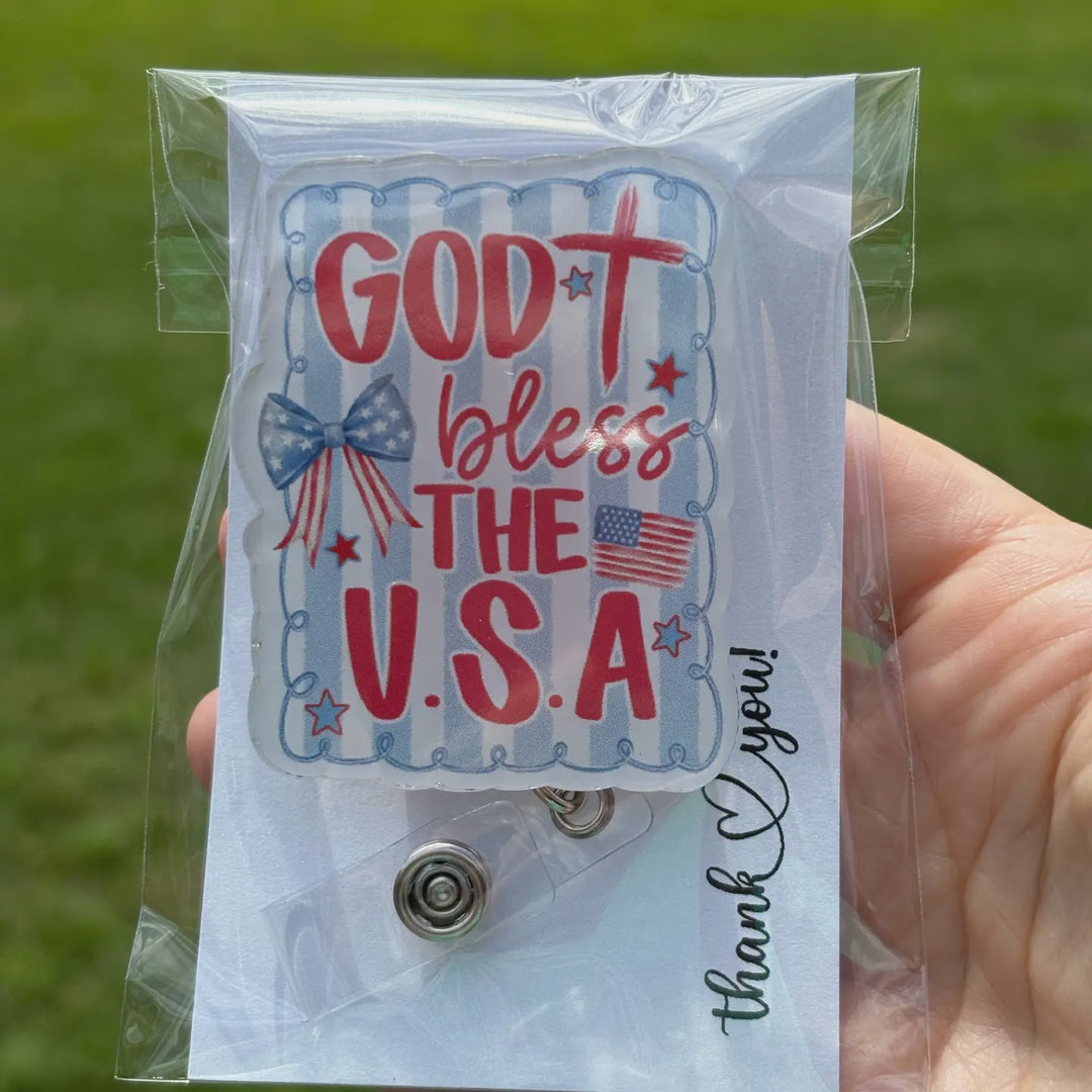 Hello Darling Designs God Bless the USA Badge Reel – Patriotic Acrylic Id Clip