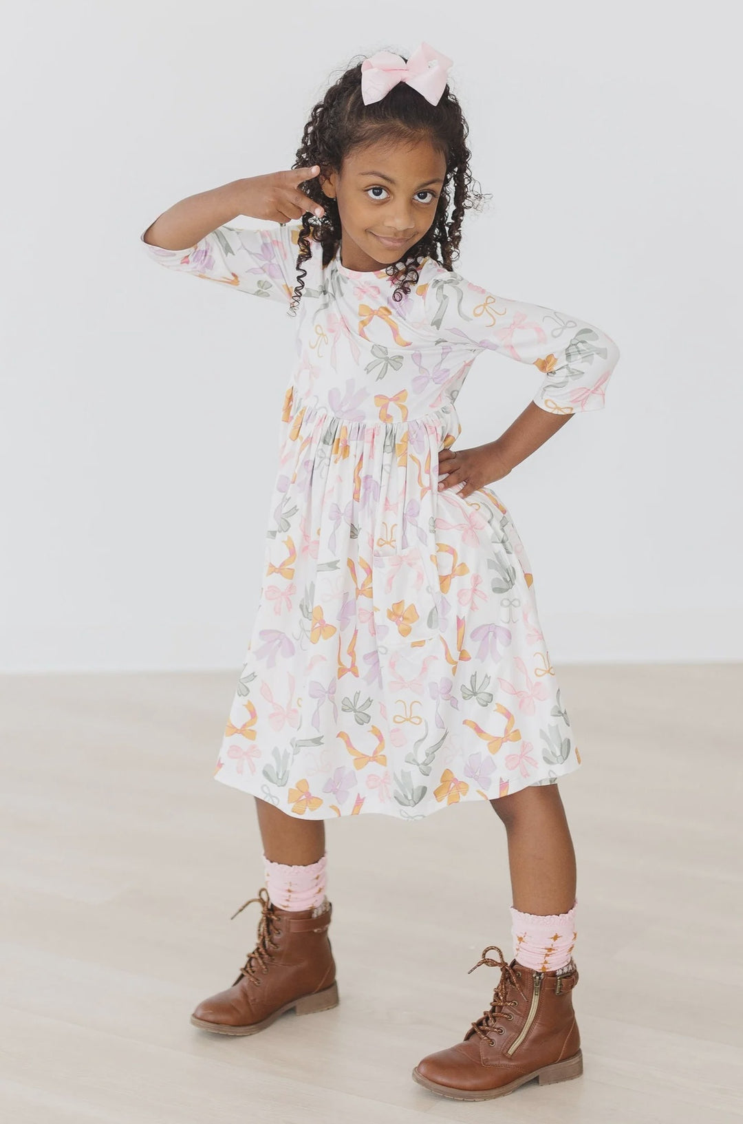 Mila and Rose Boho Bows 3/4 Sleeve Pocket Twirl Dress