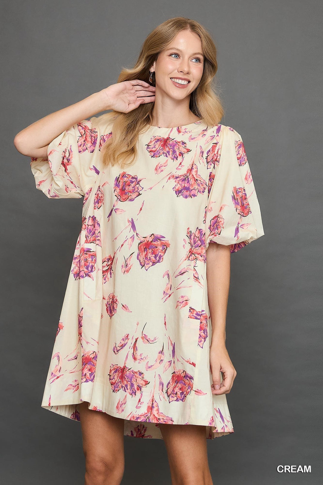 Umgee Cream Floral Print Puff Sleeve Dress