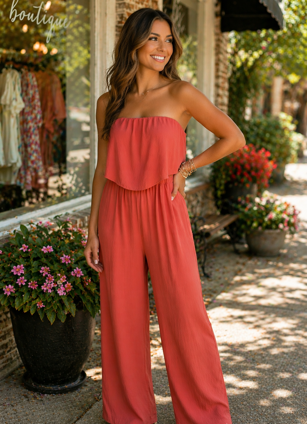 flowy jumpsuit dress Accent Coral boho jumpsuit with sleeves