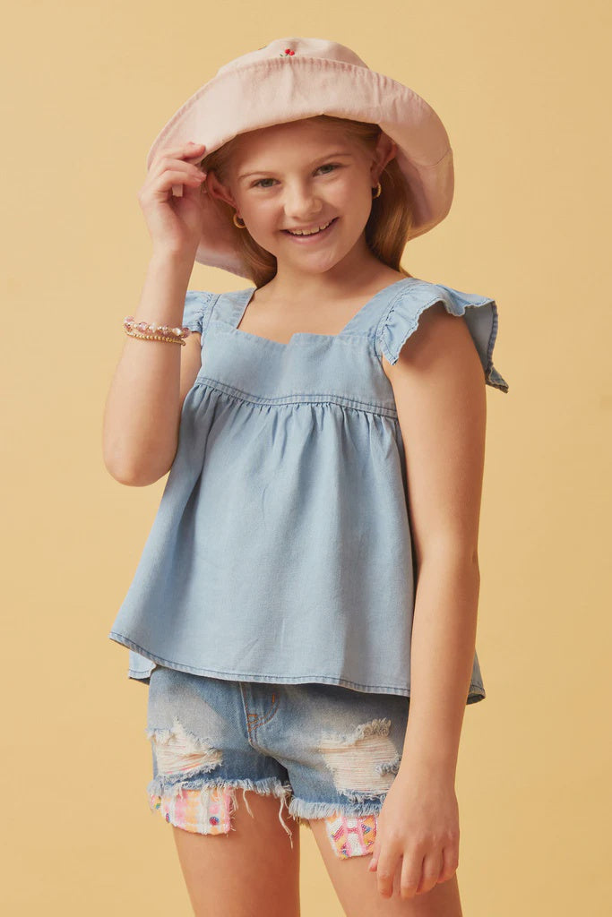 Hayden Girls Tencel Square Neck Ruffle Cap Sleeve Top- Light Denim