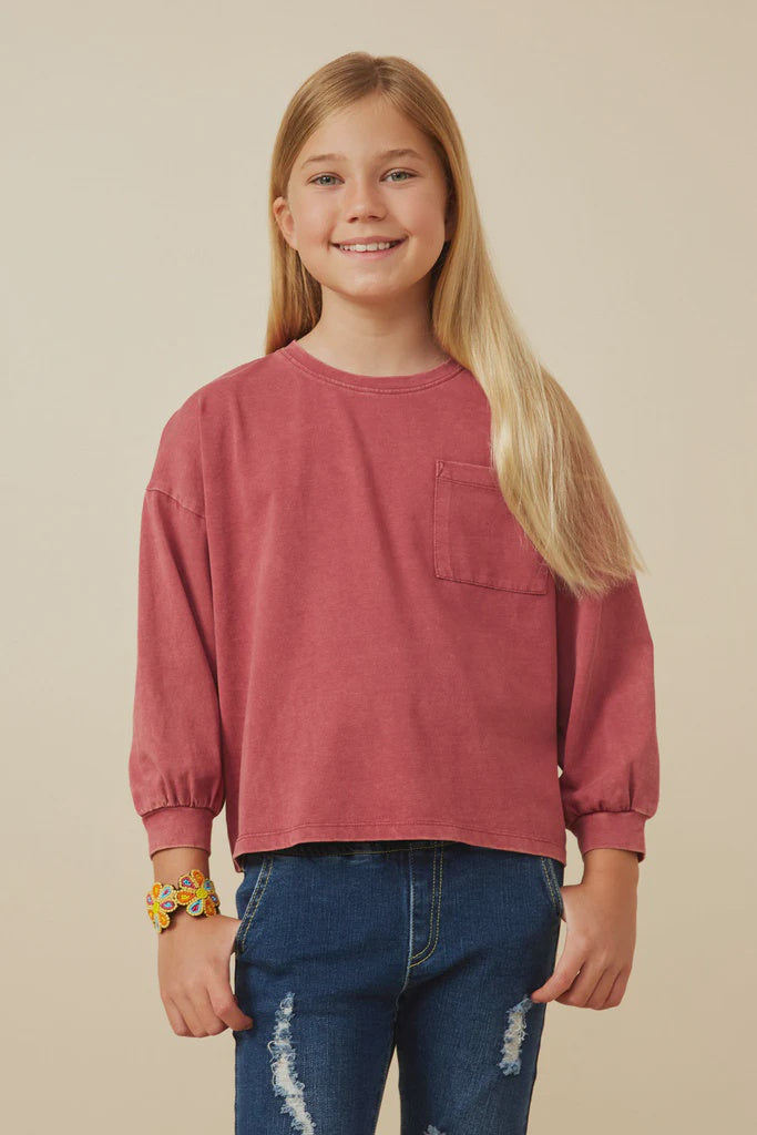 Hayden Girls Drop Shoulder Washed Long Sleeve Knit T Shirt- Magenta