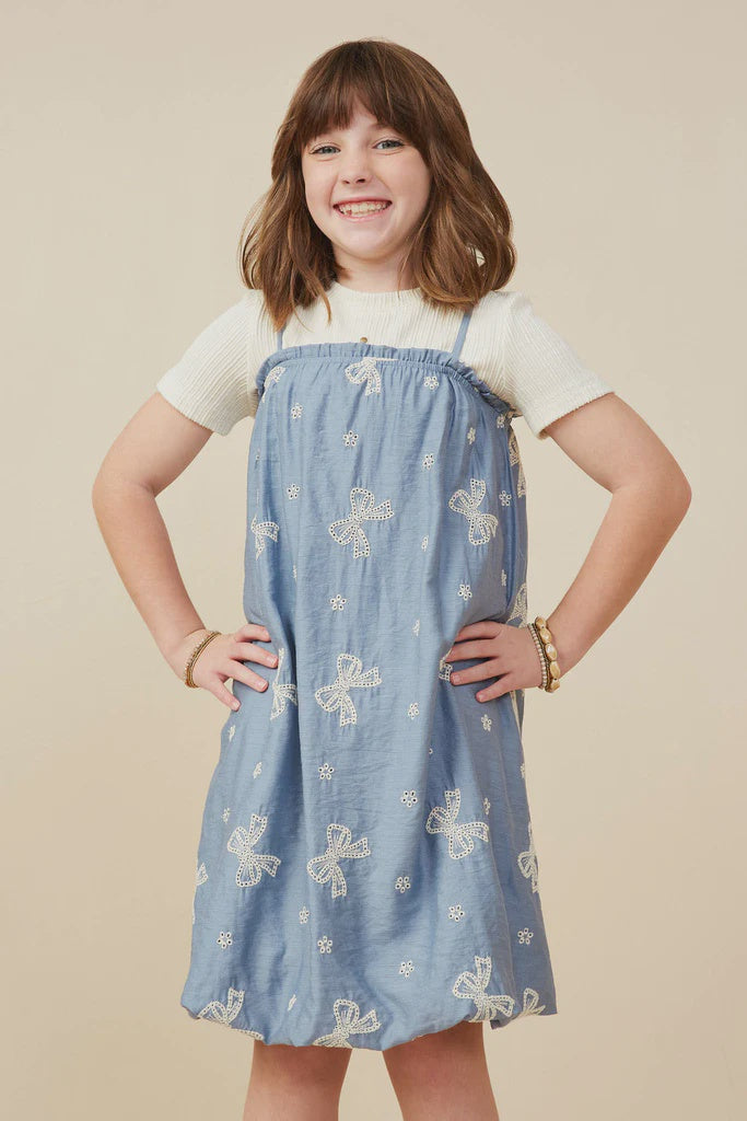 Hayden Girls Crochet Bow Embroidered Balloon Hem Dress- Blue