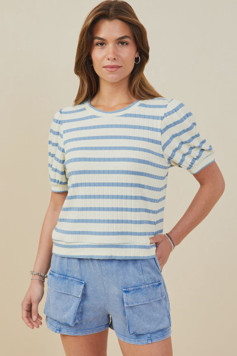 Hayden LA Our Striped Puff Sleeve Ribbed Knit Top - Blue/Cream