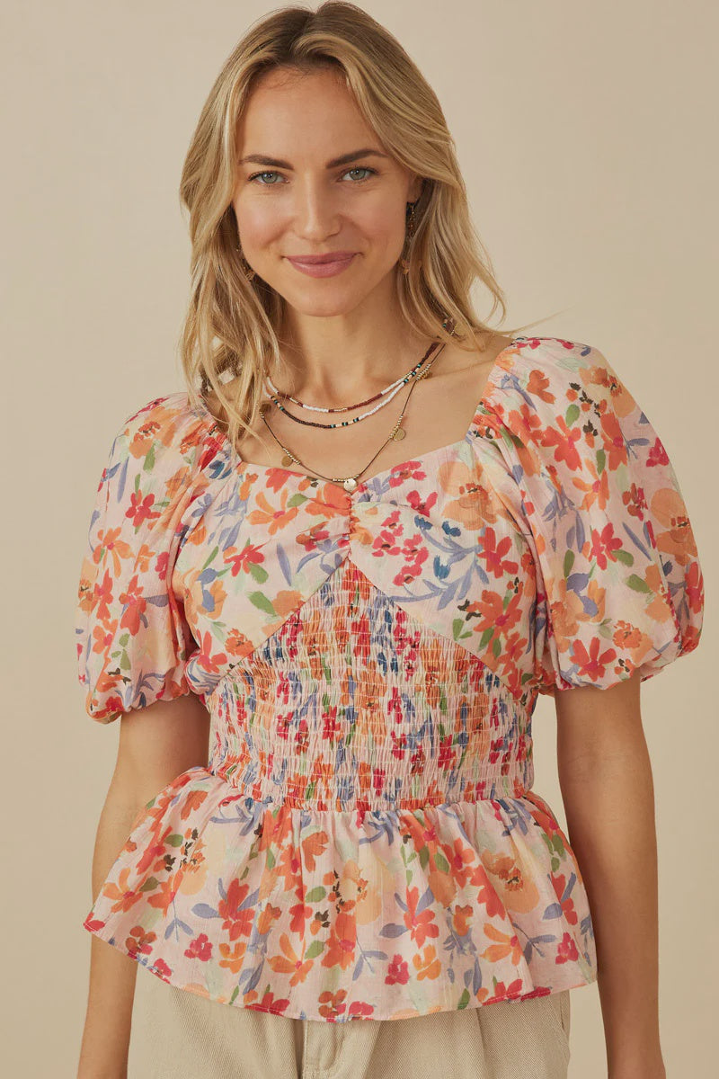 Hayden LA Have Questions?Ask An Expert Floral Smocking Paneled Puff Sleeve Top