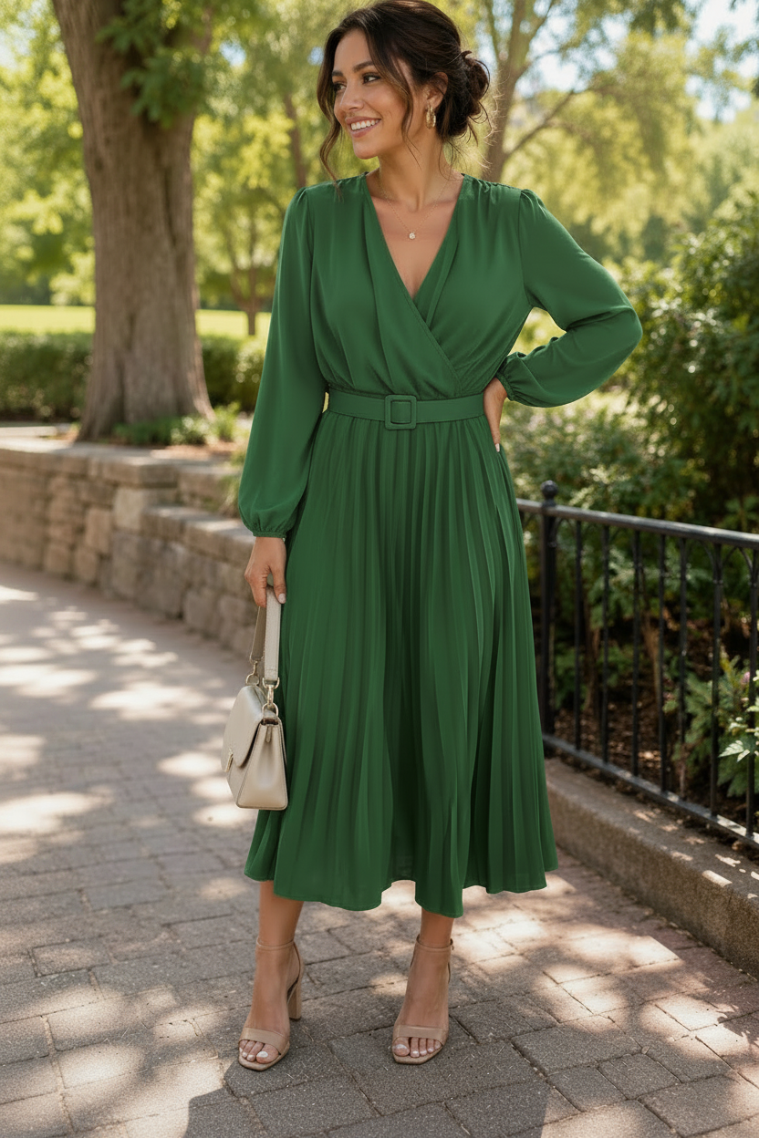 Emerald Green Pleated Midi Dress – Rebecca's of Clinton