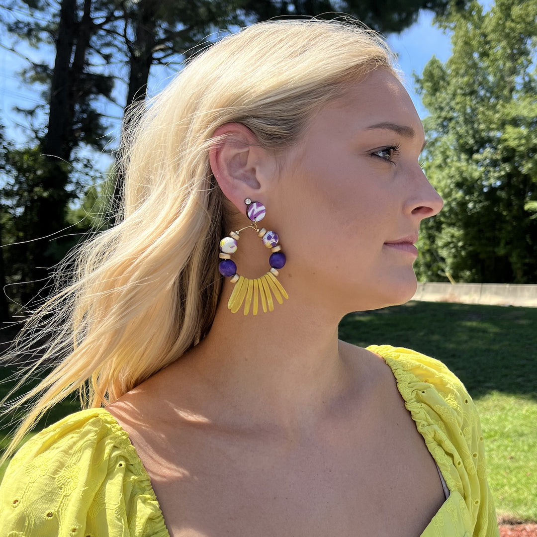 Audra Style Gameday ECU Pirates Purple Yellow Gold Collegiate Beaded Hoop Earrings