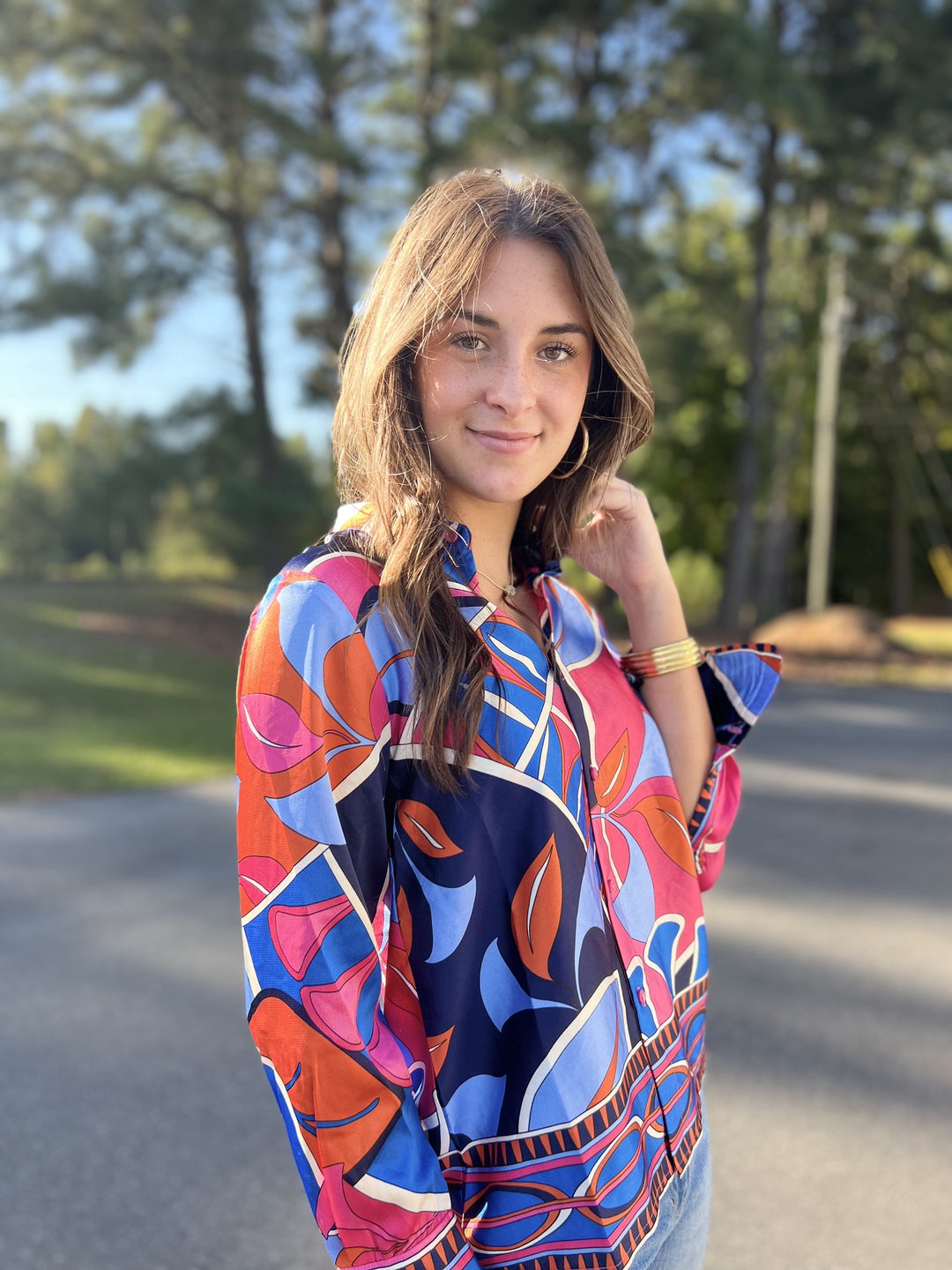 Jade Artistic Border Silk Button Down Long Sleeve Top- XSmall Onlu