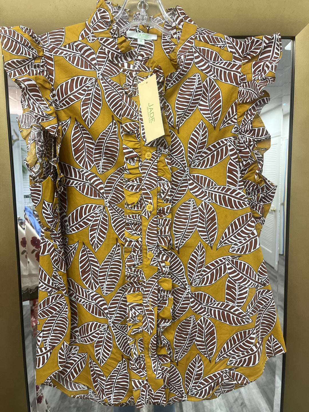 Jade Leaves Button Up Top-Brown Leaves